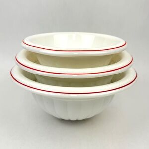Vintage Hazel Atlas 1930s Milk Glass Red Stripe Rolled Rim Mixing Bowls Set of 3